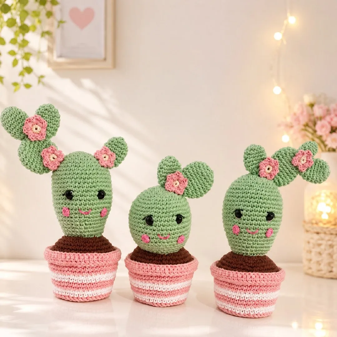 Trio de cactos amigurumi - artesanato feito à mão por Arlete Santos Art crochê