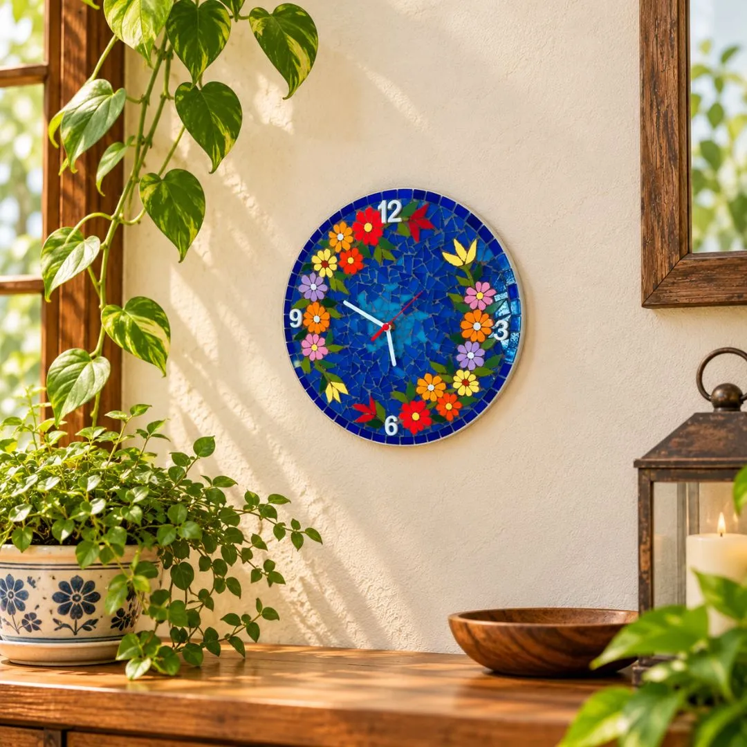 🕒 Relógio Mosaico Jardim Azul - 35 cm - artesanato feito à mão por Crismosaico & madeiras