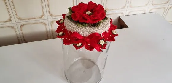 Capa para Tampa em Crochê Pote Vidro 3200 ml Cru /vermelho - foto 5