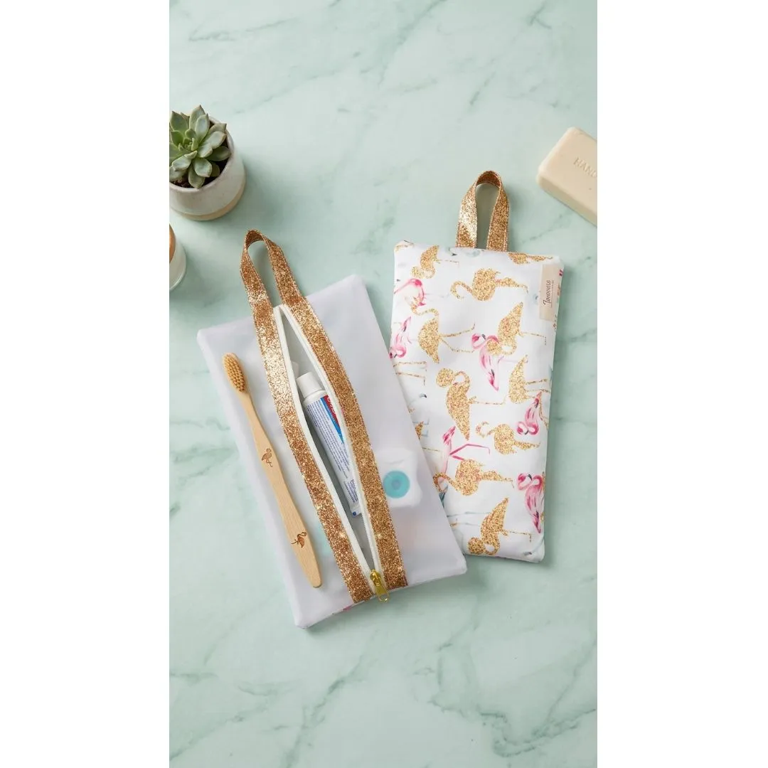 Necessaire Kit Higiene Bucal Flamingo Dourado com Visor Transparente - foto 2