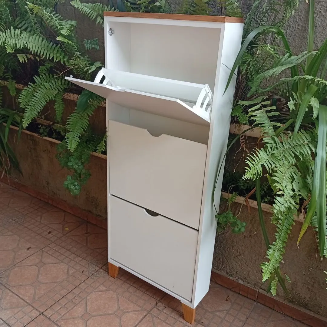 👞 Sapateira 156A - Slim - 3 Portas Basculantes – MDF Branco e Pinus Cerejeira - foto 2