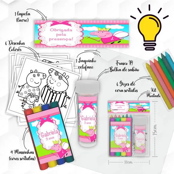 Kit Massinha + Giz + Bolha Pig Personalizado - feito à mão por Mi Papelaria Criativa