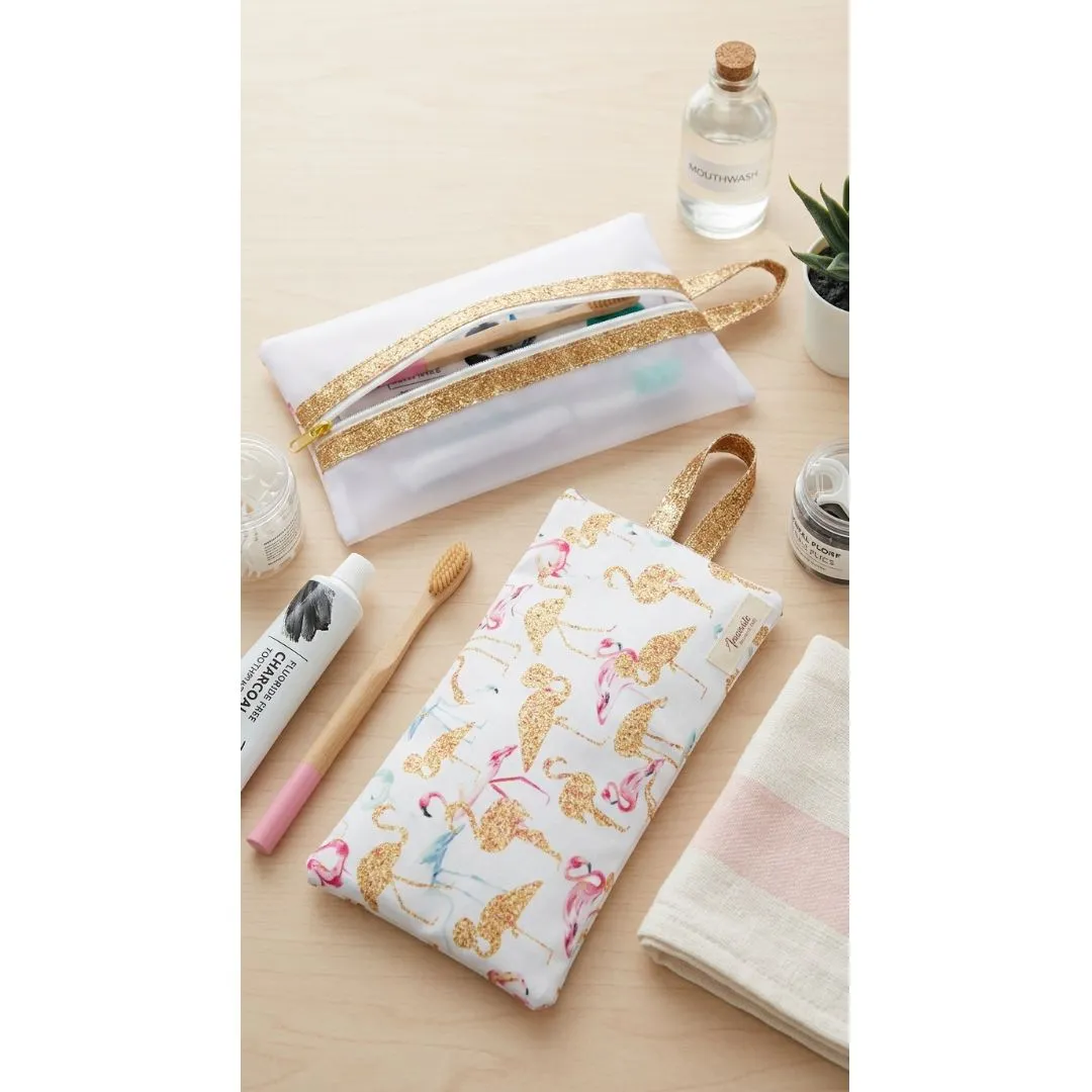 Necessaire Kit Higiene Bucal Flamingo Dourado com Visor Transparente