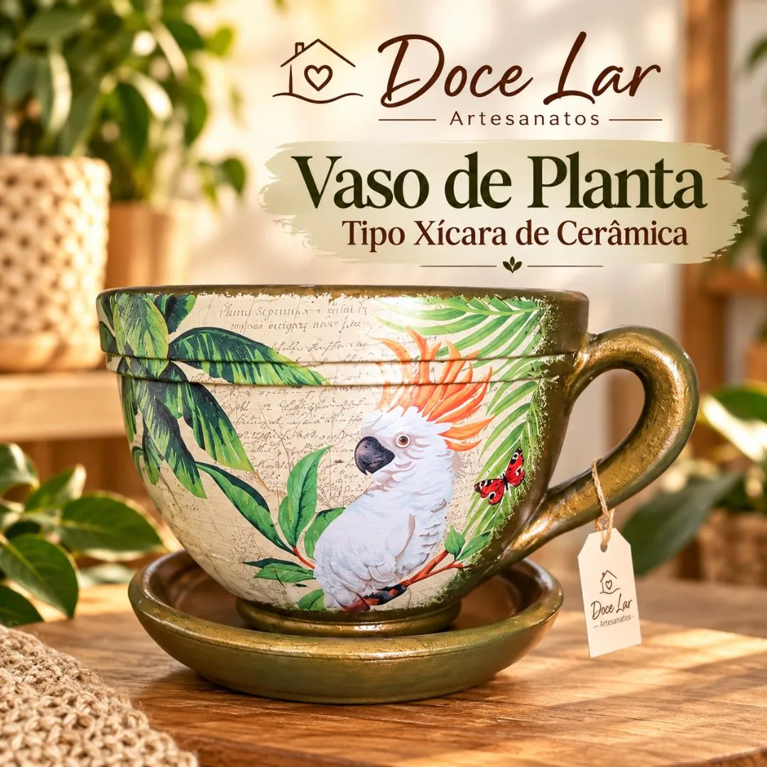 Vaso de Planta Tipo Xícara de Cerâmica Tamanho Médio Artesanal Cacatua - foto 4