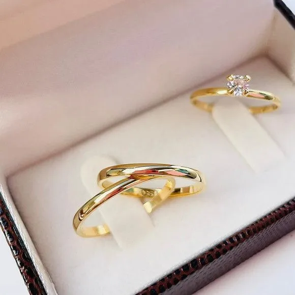 Alianças de Ouro 18k 2mm 2grs Casamento + Anel Solitário - artesanato feito à mão por TM JOIAS