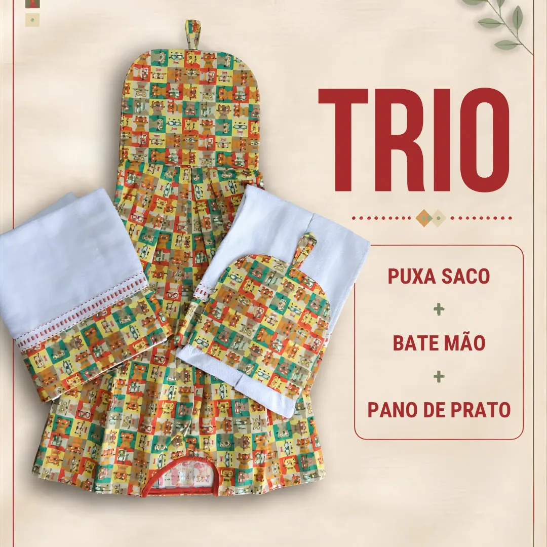 Kit 3 peças - Pano de prato, Bate mão e Puxa saco 2 - artesanato feito à mão por Djulik