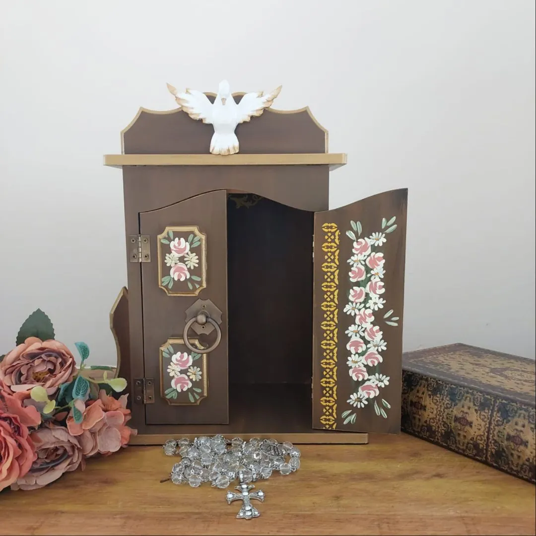 Oratório Capela Com Porta Para Imagens De Até 20cm Azul Ouro Preto - Com Iluminação Marrom Porta Almofadada