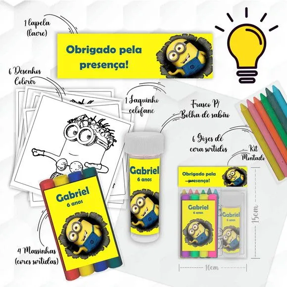 Kit Massinha + Giz + Bolha Minnions Personalizado - artesanato feito à mão por Mi Papelaria Criativa