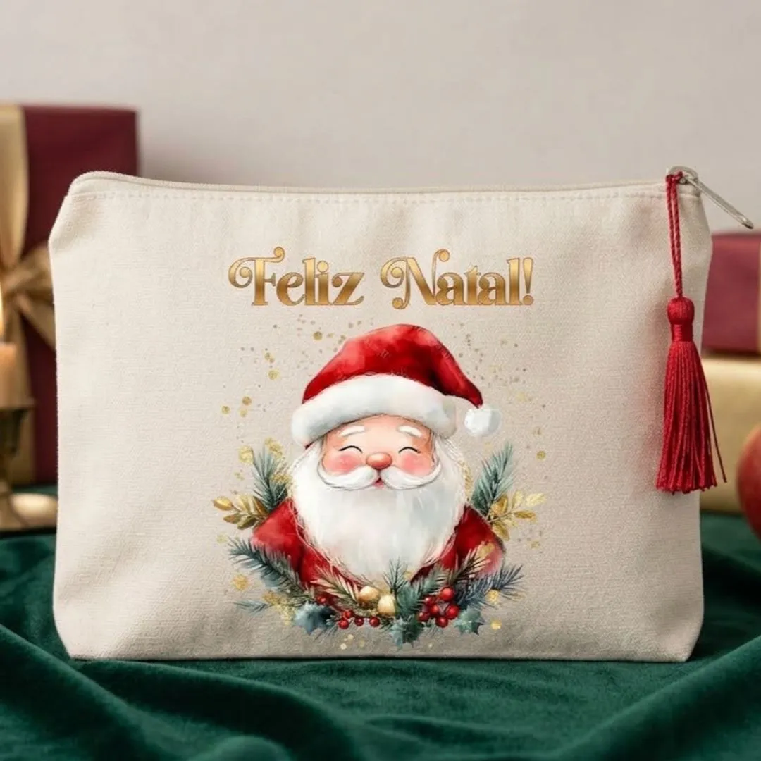 Nécessaire Personalizada em algodão Lembrancinha Natal Papai Noel - artesanato feito à mão por Limão e Amora Festas