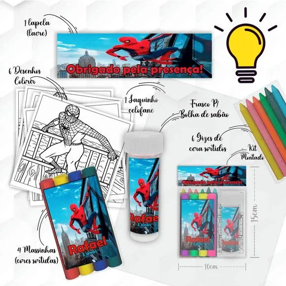 Kit Massinha + Giz + Bolha Homem Aranha Personalizado - feito à mão por Mi Papelaria Criativa