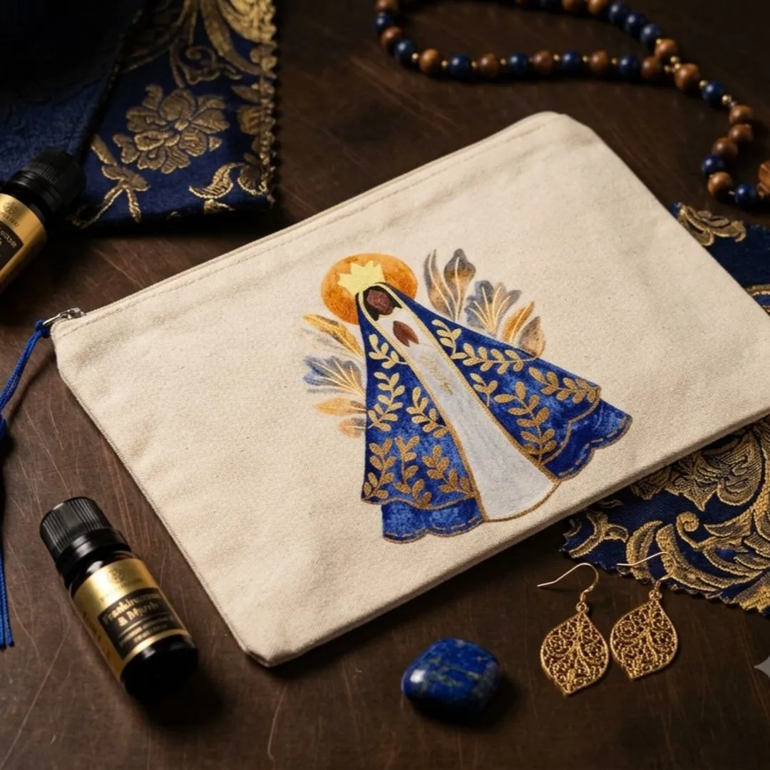 Nécessaire de algodão 15x20 cm Nossa Senhora Aparecida - artesanato feito à mão por Limão e Amora Festas