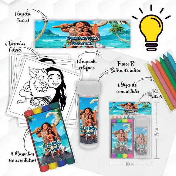 Kit Massinha + Giz + Bolha Moana Personalizado - feito à mão por Mi Papelaria Criativa