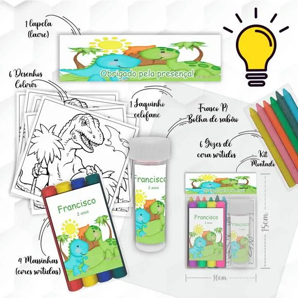 Kit Massinha + Giz + Bolha Dinossauro Baby Personalizado - feito à mão por Mi Papelaria Criativa