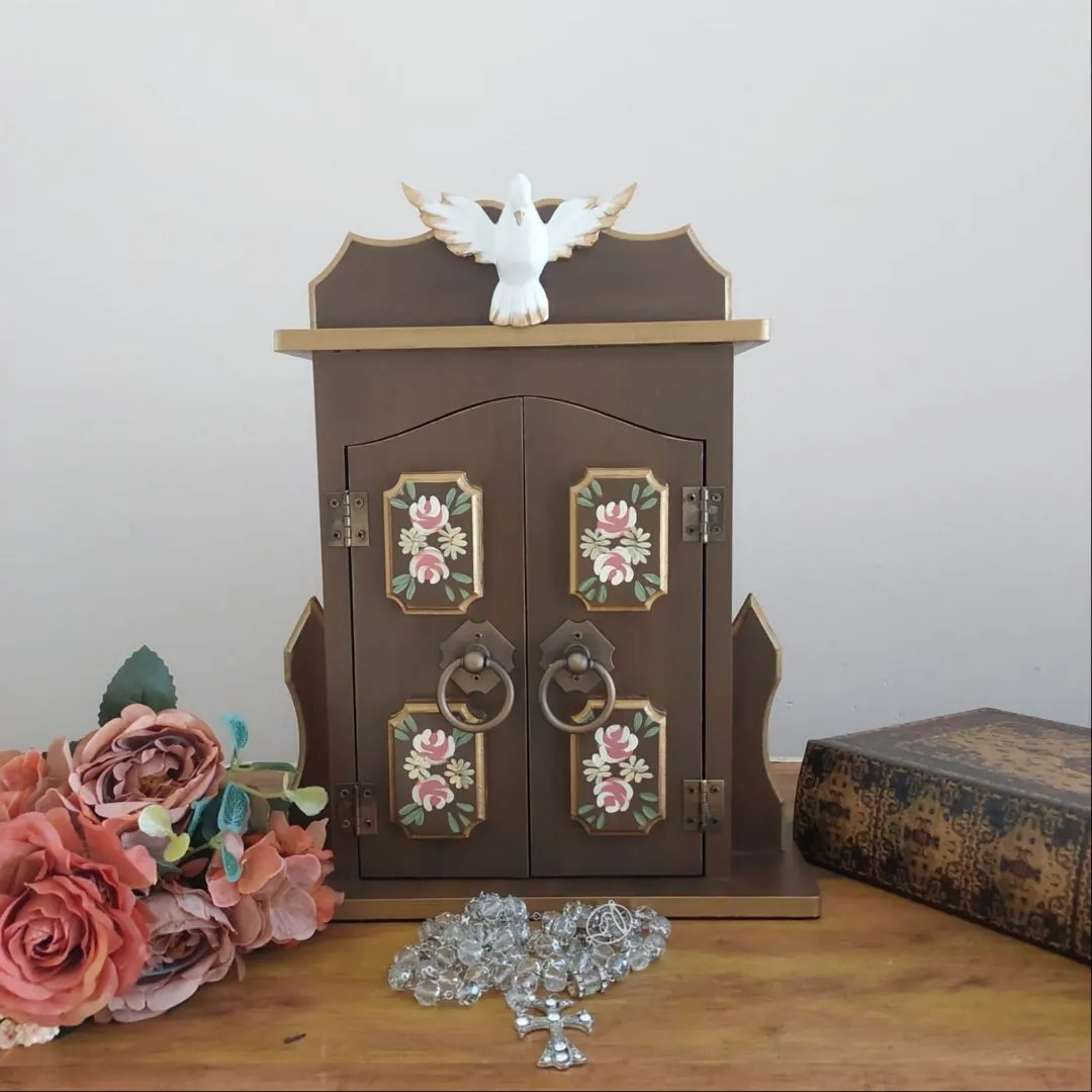 Oratório Capela Com Porta Para Imagens De Até 20cm Azul Ouro Preto - Com Iluminação Marrom Porta Almofadada - foto 4
