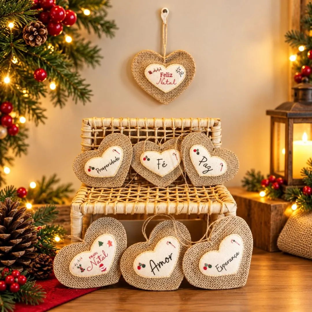 Coração Pingente de Natal e Ocasiões - Juta Natural com Enchimento - Lembrancinha e Brinde - Chaveiro - foto 2