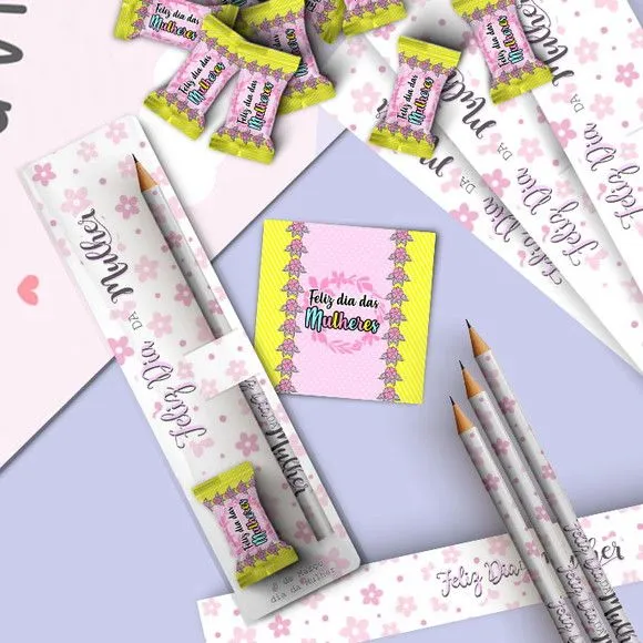 Lápis com Cartão e Bala- Dia das Mulheres Personalizado - feito à mão por Mi Papelaria Criativa