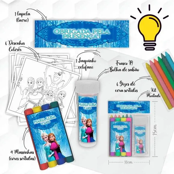 Kit Massinha + Giz + Bolha Frozen Personalizado - feito à mão por Mi Papelaria Criativa