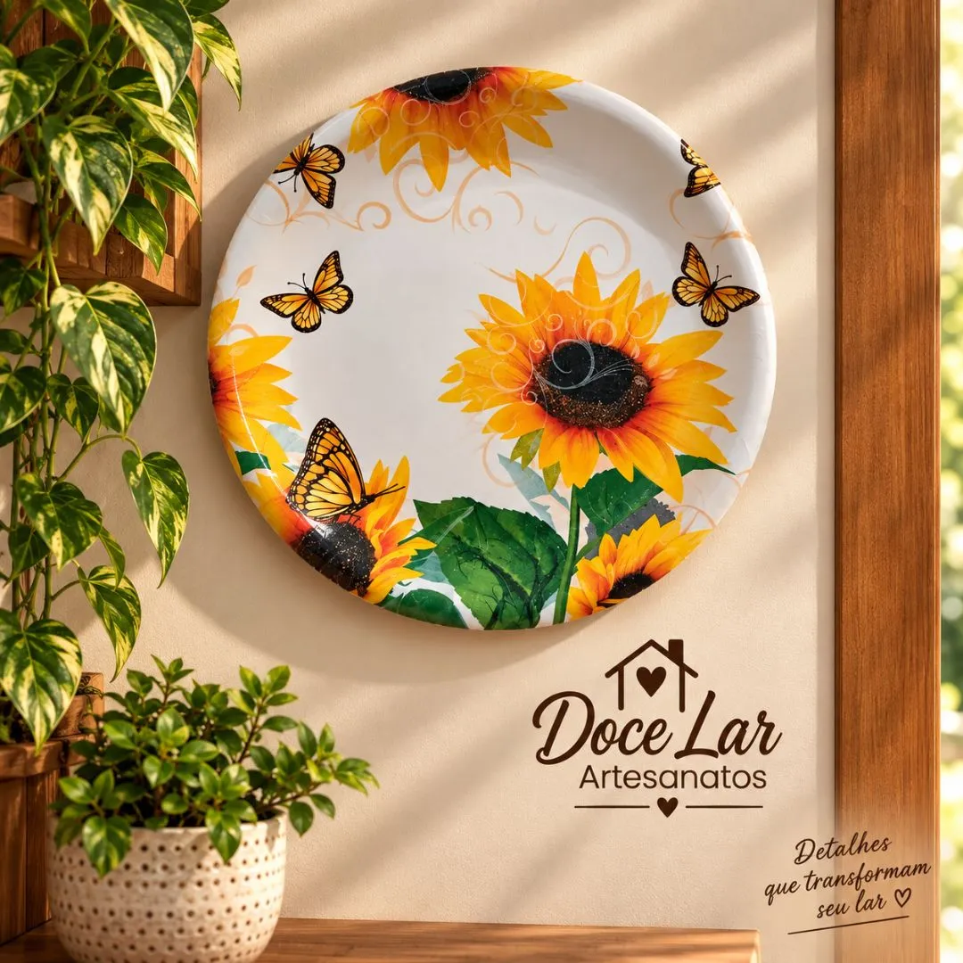 Kit 2 Prato de Parede Enfeite Decorativo De Cerâmica Artesanal Girassol - foto 4