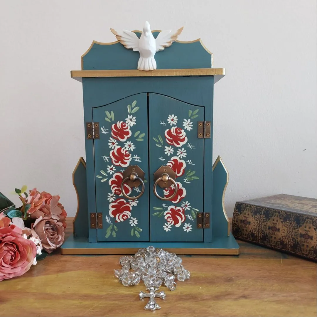 Oratório Capela Com Porta Para Imagens De Até 20cm Azul Ouro Preto - Com Iluminação - foto 4