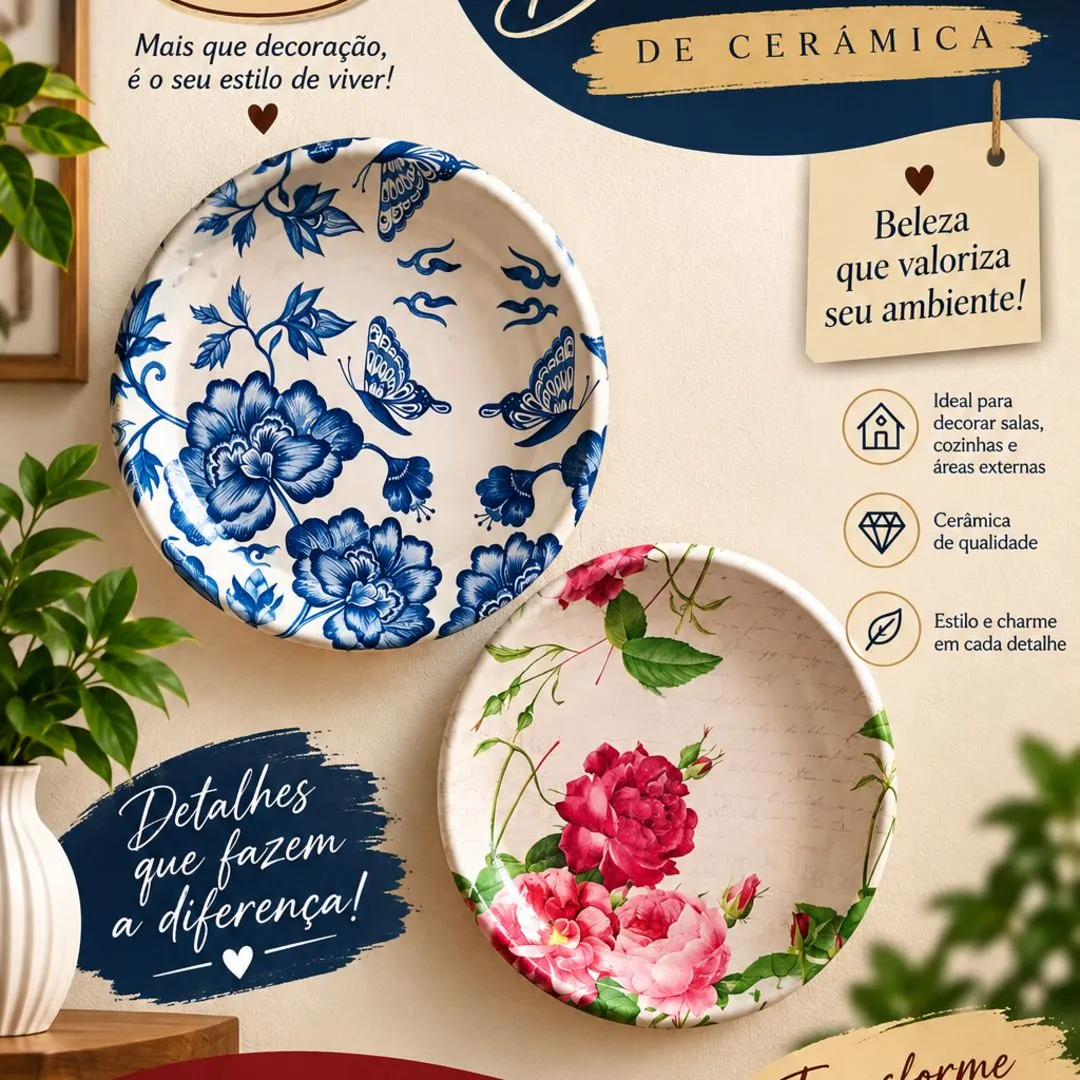 Kit 2 Prato de Parede Enfeite Decorativo De Cerâmica Artesanal Floral - foto 4