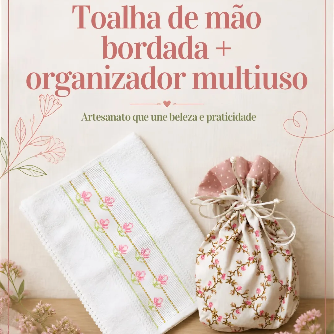 Kit - toalha de mão bordada e organizador multiuso PP 2 - artesanato feito à mão por Djulik