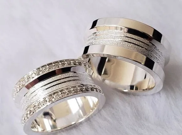 Par Alianças Prata 950 Namoro Italiana 10mm + Anel Compromiso - artesanato feito à mão por TM JOIAS