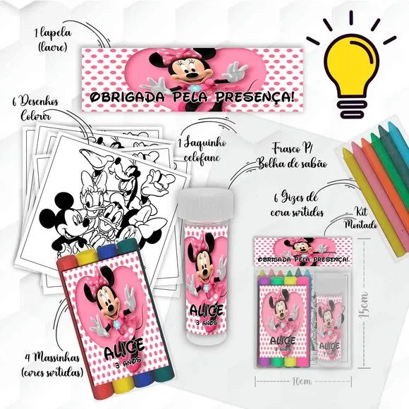 Kit Massinha + Giz + Bolha Minnie Personalizado - feito à mão por Mi Papelaria Criativa