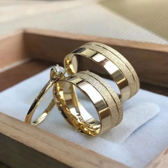 Alianças de Ouro 18k 8mm 8grs Casamento + Anel Solitário - artesanato feito à mão por TM JOIAS