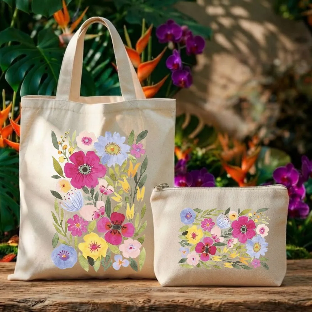 Kit Ecobag com Nécessaire Presente Feminino Criativo Jardim das flores - artesanato de Limão e Amora Festas