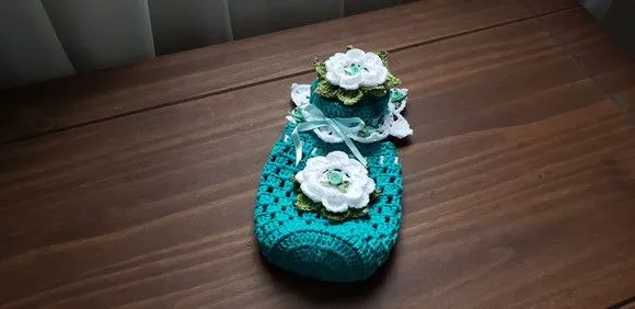 Capa para Potes em Crochê Verde Piscina com Flores Brancas - foto 4