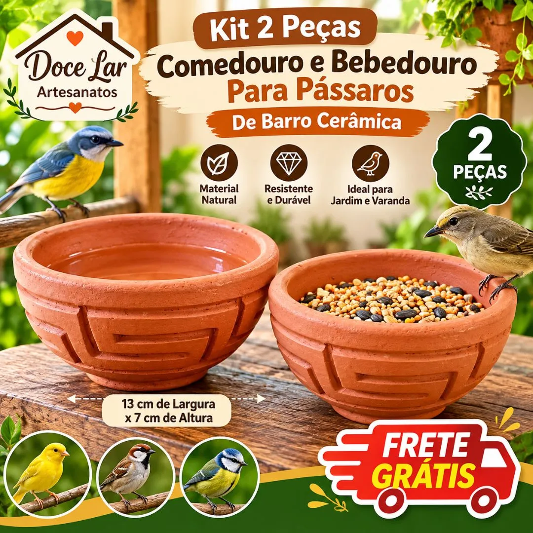 Kit 2 Peças Comedouro e Bebedouro Para Pássaros De Barro Cerâmica