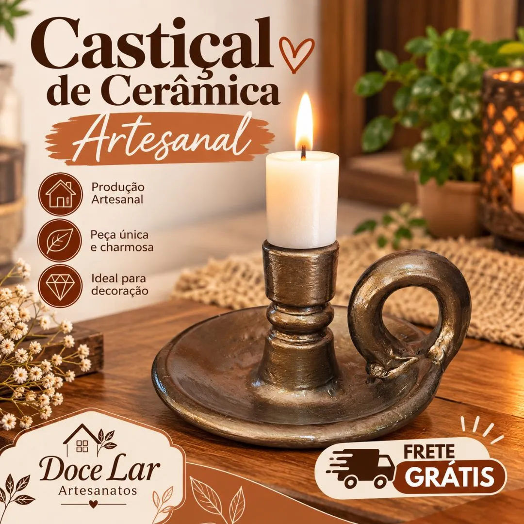 Kit 2 Castiçal Porta Vela de Cerâmica Artesanal Ouro Negro