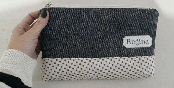Necessaire G personalizada - jeans e bolinhas - feito à mão por Innovare Studio