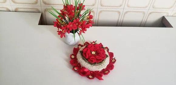 Capa para Tampa em Crochê Pote Vidro 3200 ml Cru /vermelho - foto 4