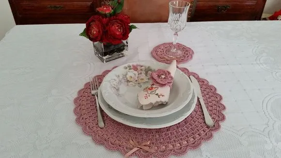 Kit Sousplat em Crochê com 12 Peças Rosa Antigo - foto 2