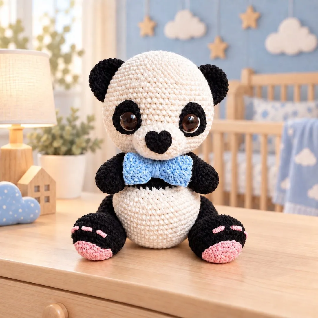 Pandinha Amigurumi com Laço Azul — 24 cm de Fofura 🐼💙 - artesanato feito à mão por crocheteria com a Maria