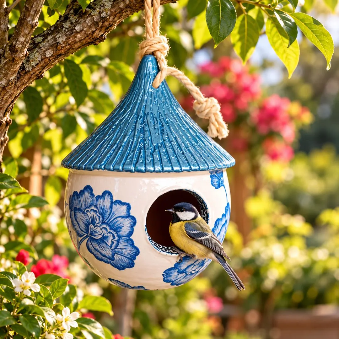Casinha de Passarinho de Cerâmica Artesanal Floral Azul Infinito - foto 2