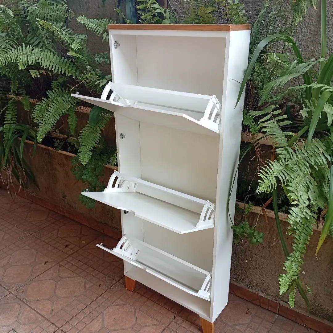 👞 Sapateira 156A - Slim - 3 Portas Basculantes – MDF Branco e Pinus Cerejeira - foto 5
