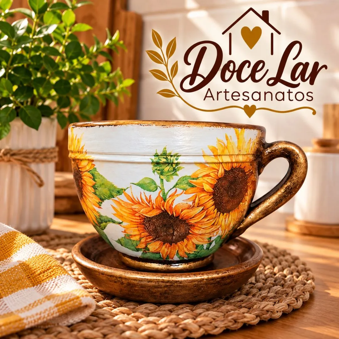 Vaso de Planta Tipo Xícara de Cerâmica Tamanho Médio Artesanal Rústica Girassol