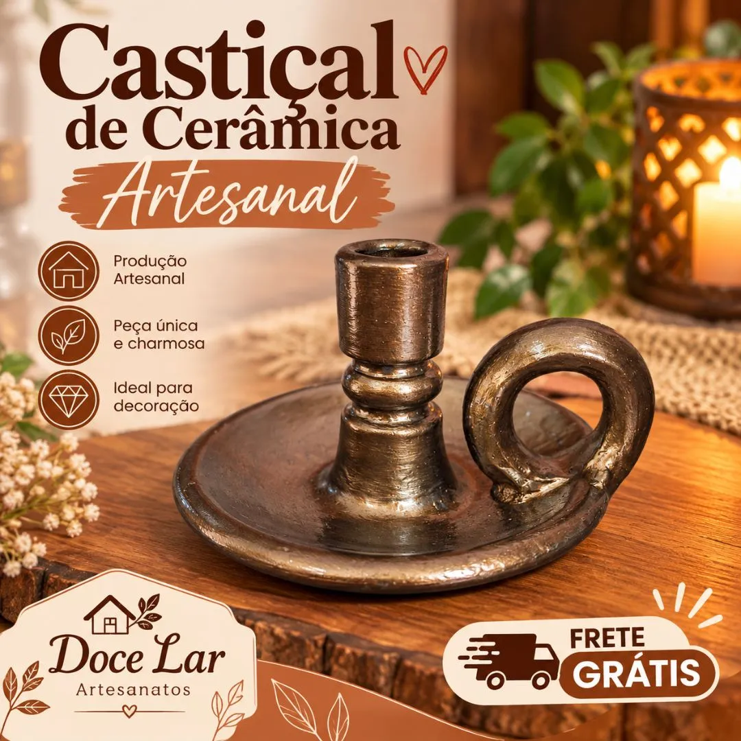 Kit 2 Castiçal Porta Vela de Cerâmica Artesanal Ouro Negro - foto 4
