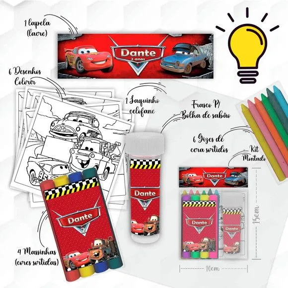 Kit Massinha + Giz + Bolha Carros Personalizado - feito à mão por Mi Papelaria Criativa