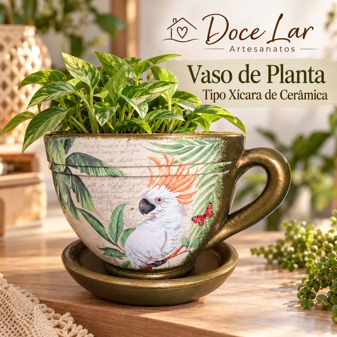Vaso de Planta Tipo Xícara de Cerâmica Tamanho Médio Artesanal Cacatua - foto 2