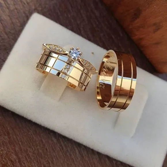 Alianças de Ouro 18k 8mm 8grs Casamento + Anel Solitário - artesanato feito à mão por TM JOIAS