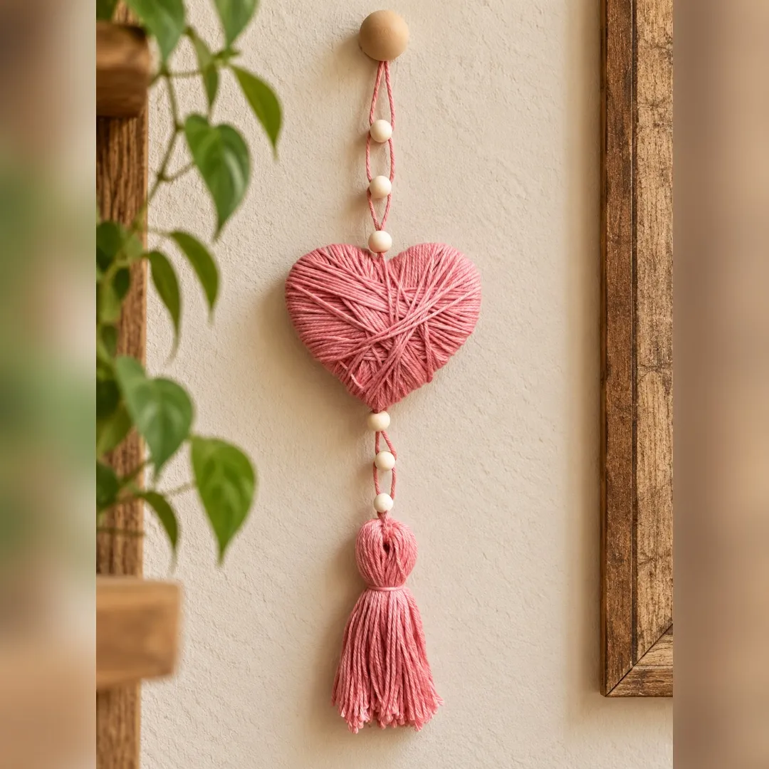 Pendente coração de linha rosa - artesanato de Podentrar