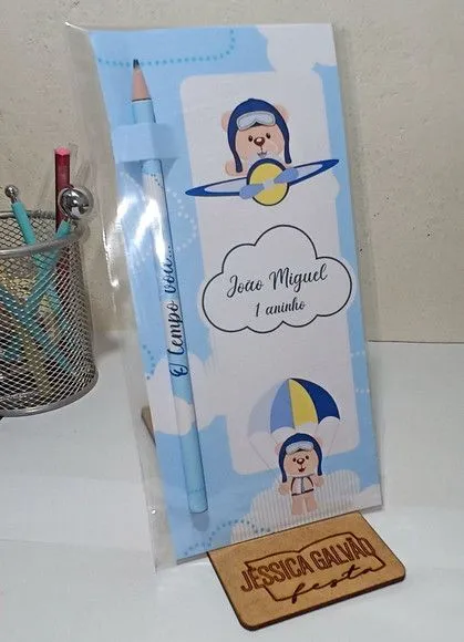 Lembrancinha Urso Aviador Cartão com Lápis Personalizado