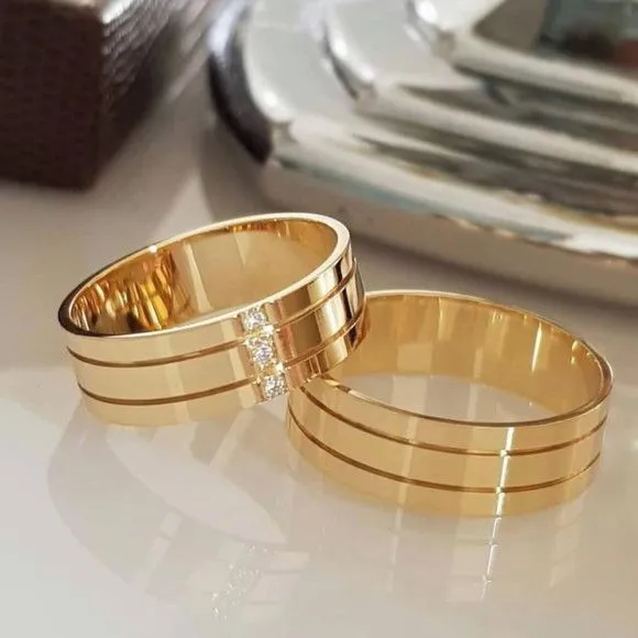 Alianças de Ouro 18k 6mm 6grs Casamento + Anel Solitário - artesanato feito à mão por TM JOIAS