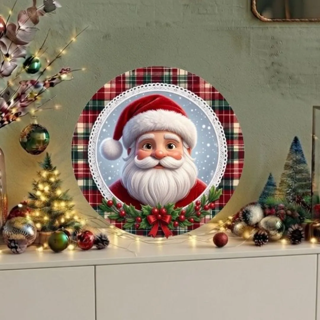 Placa decorativa MDF 35 cm Guirlanda de Natal enfeite de porta Papai Noel xadrez - artesanato feito à mão por Limão e Amora Festas