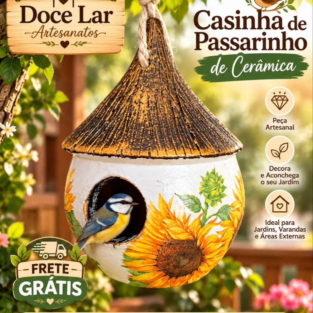 Casinha de Passarinho de Cerâmica Artesanal Girassol Rústico - foto 2