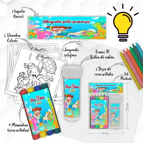 Kit Massinha + Giz + Bolha Fundo do Mar Personalizado - artesanato feito à mão por Mi Papelaria Criativa