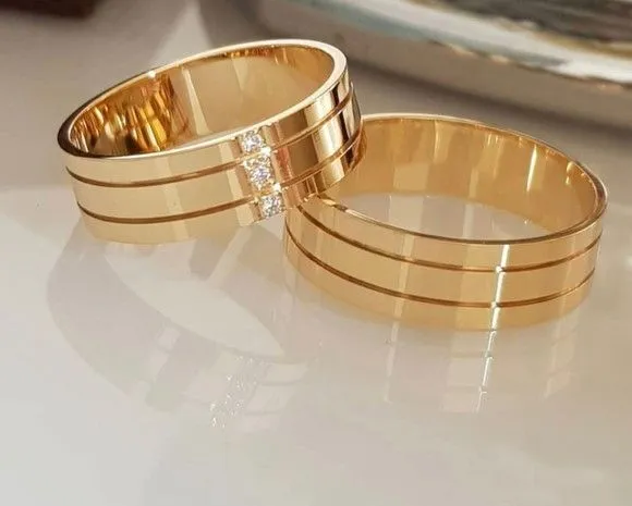 Par Alianças de Noivado Moeda Antiga 6mm + Anel Solitário - artesanato feito à mão por TM JOIAS